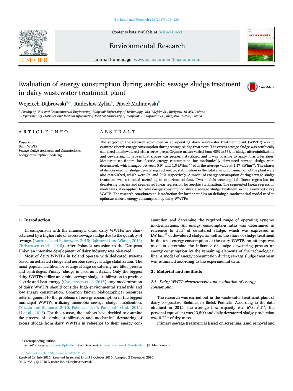 Evaluation of energy consumption during aerobic sewage sludge treatment in dairy wastewater treatment plant