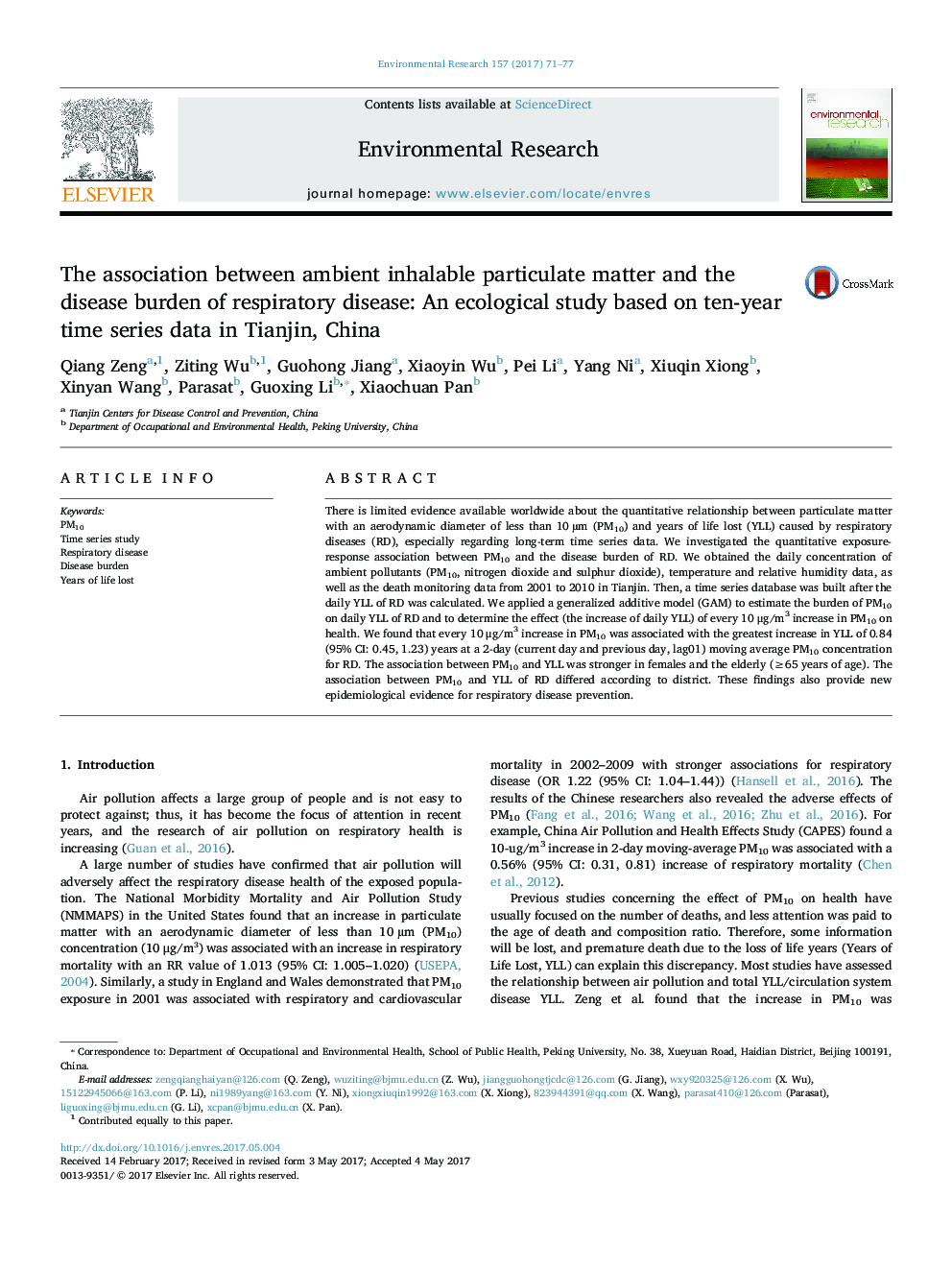 The association between ambient inhalable particulate matter and the disease burden of respiratory disease: An ecological study based on ten-year time series data in Tianjin, China