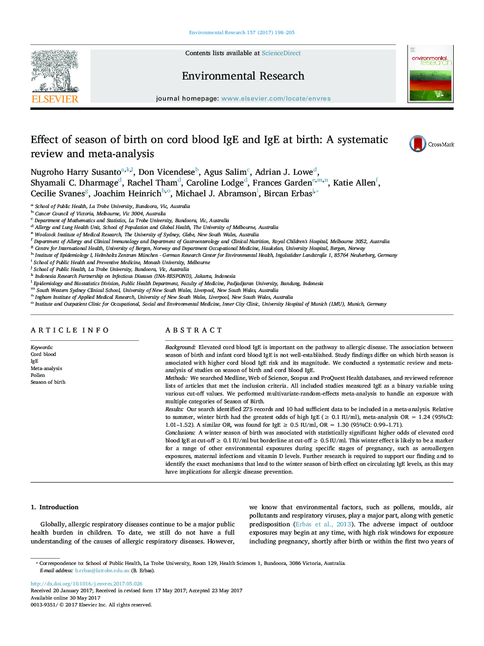 Effect of season of birth on cord blood IgE and IgE at birth: A systematic review and meta-analysis