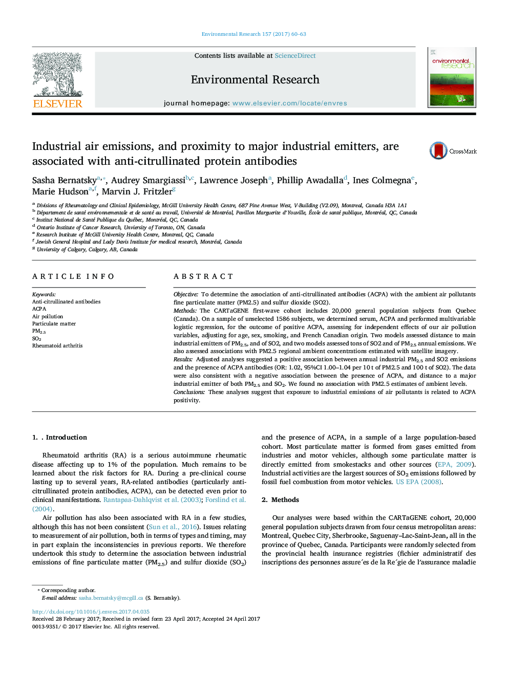 Industrial air emissions, and proximity to major industrial emitters, are associated with anti-citrullinated protein antibodies