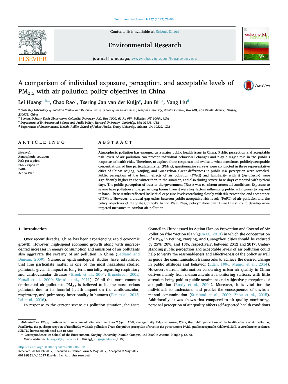 A comparison of individual exposure, perception, and acceptable levels of PM2.5 with air pollution policy objectives in China