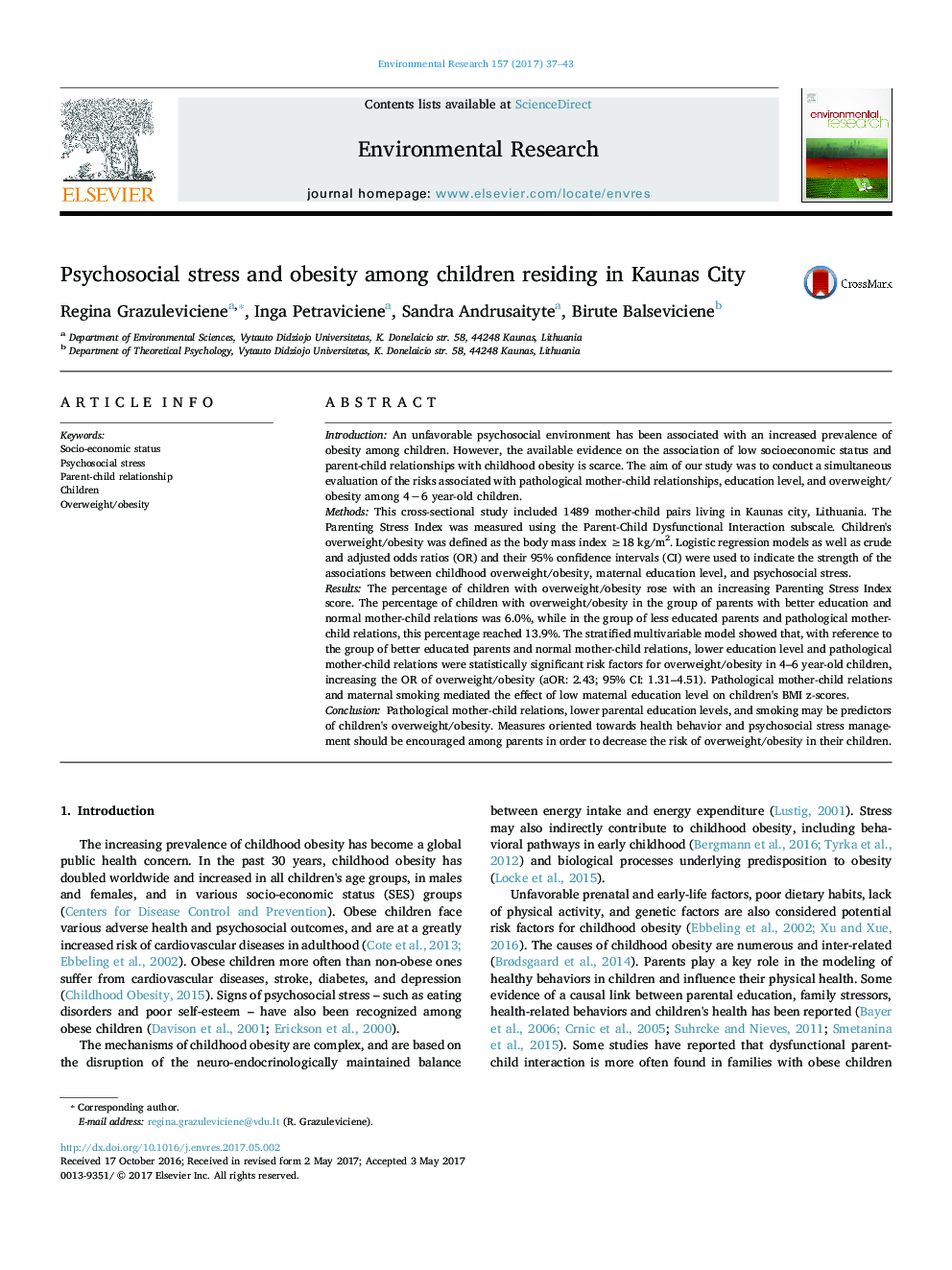 Psychosocial stress and obesity among children residing in Kaunas City