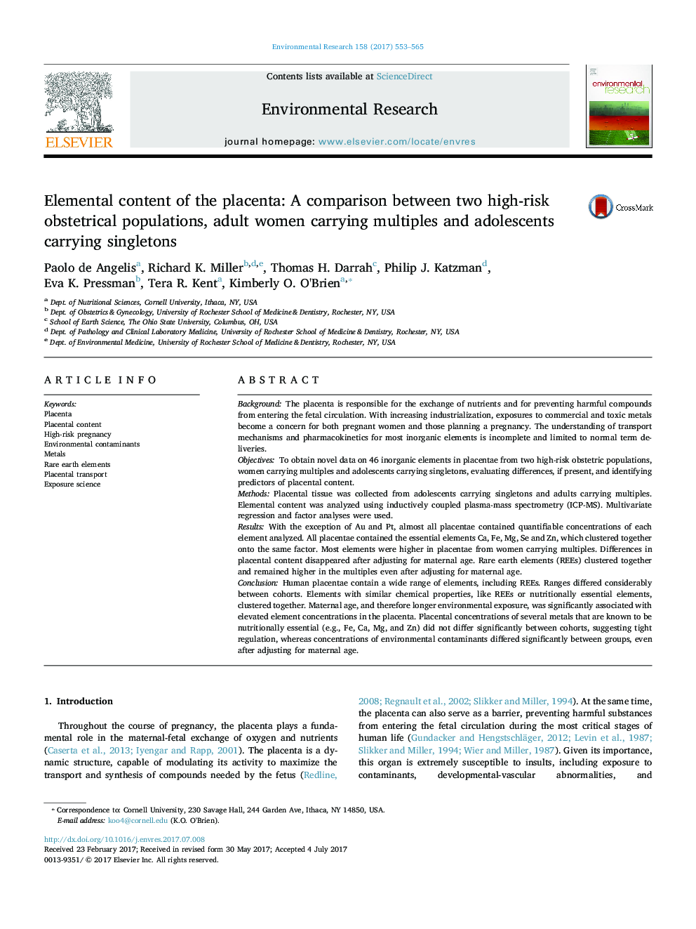 Elemental content of the placenta: A comparison between two high-risk obstetrical populations, adult women carrying multiples and adolescents carrying singletons