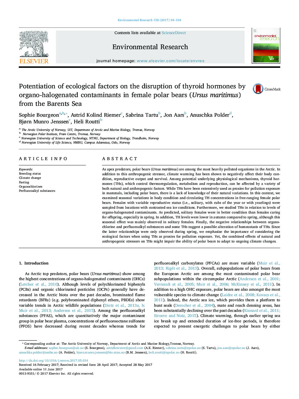 Potentiation of ecological factors on the disruption of thyroid hormones by organo-halogenated contaminants in female polar bears (Ursus maritimus) from the Barents Sea