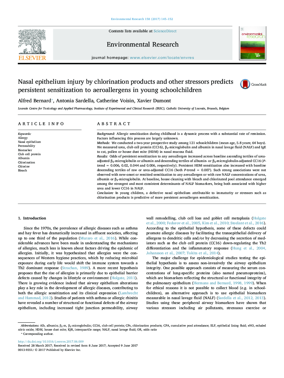 Nasal epithelium injury by chlorination products and other stressors predicts persistent sensitization to aeroallergens in young schoolchildren