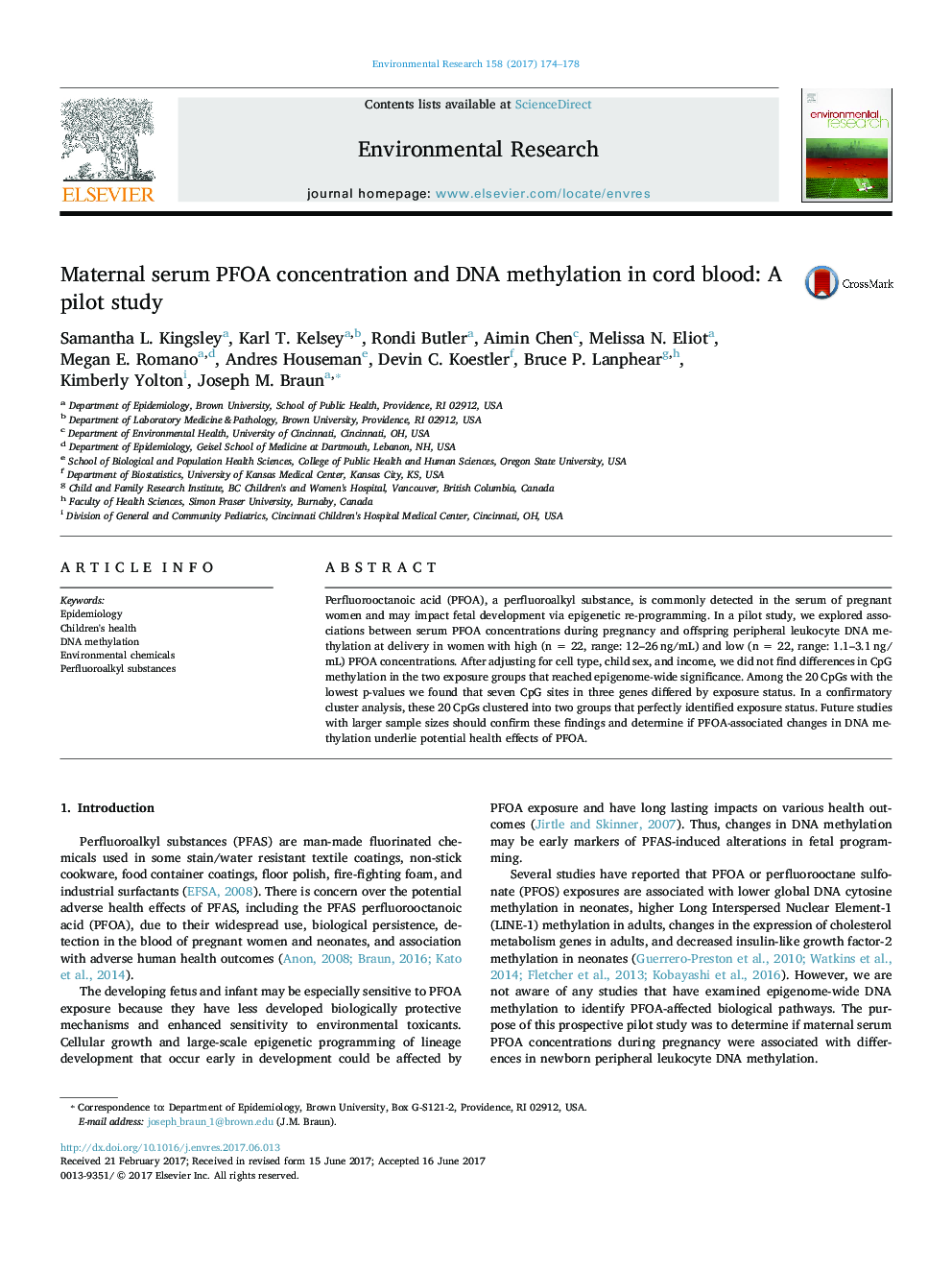 Maternal serum PFOA concentration and DNA methylation in cord blood: A pilot study