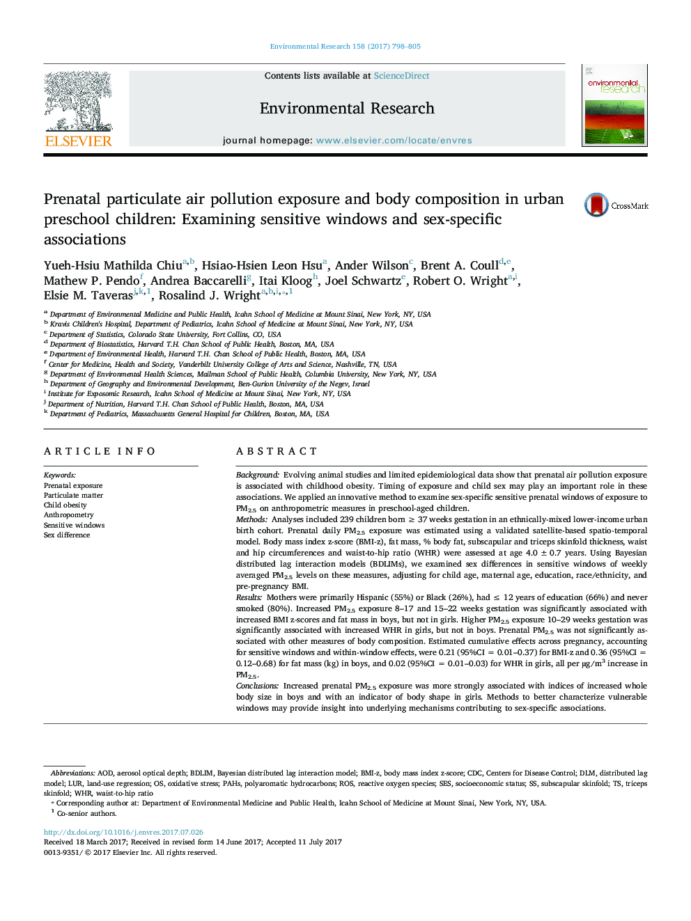 Prenatal particulate air pollution exposure and body composition in urban preschool children: Examining sensitive windows and sex-specific associations