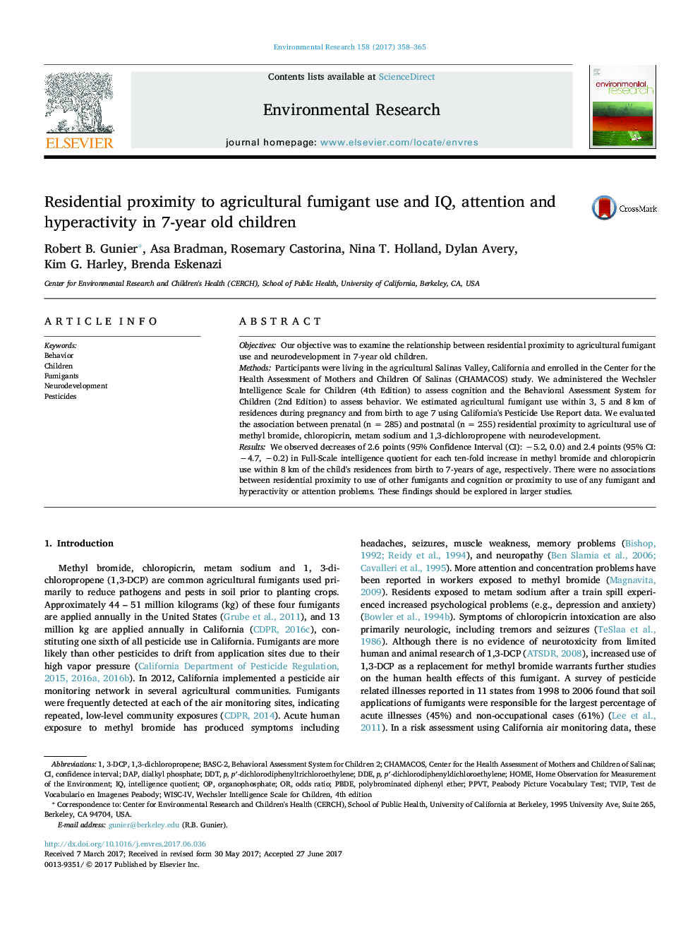 Residential proximity to agricultural fumigant use and IQ, attention and hyperactivity in 7-year old children