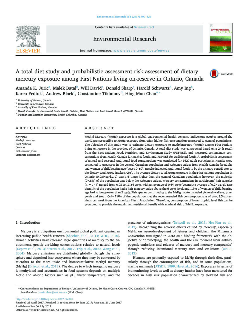 بررسی رژیم غذایی کل و ارزیابی احتمال احتمالی ریسک جیوه جیره غذایی در بین اقوام اولتیماتوم در منابع موجود در انتاریو، کانادا 