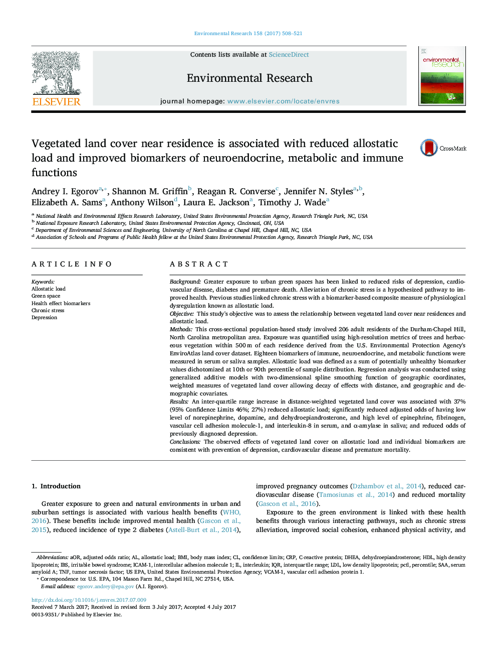 Vegetated land cover near residence is associated with reduced allostatic load and improved biomarkers of neuroendocrine, metabolic and immune functions