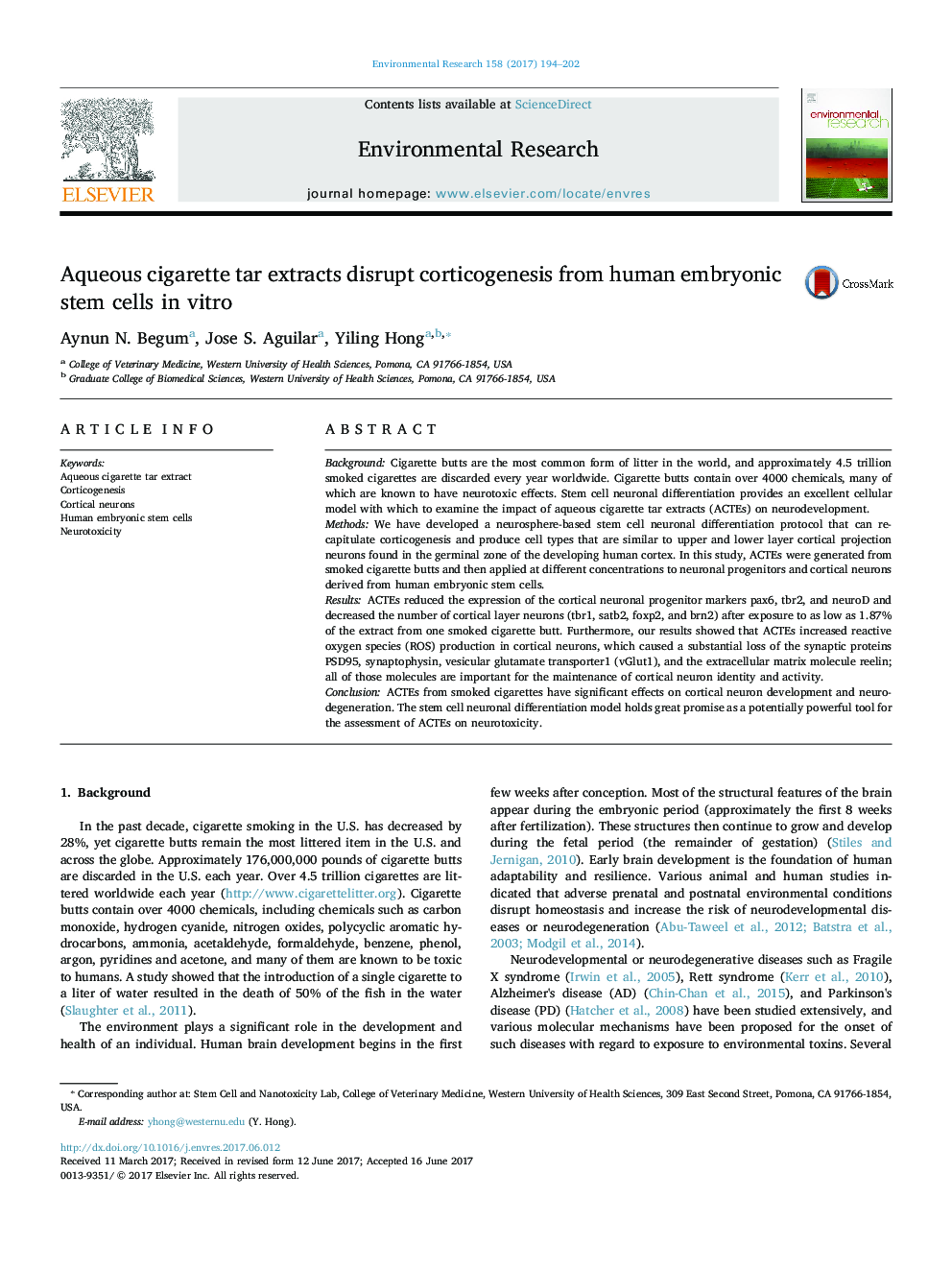 Aqueous cigarette tar extracts disrupt corticogenesis from human embryonic stem cells in vitro