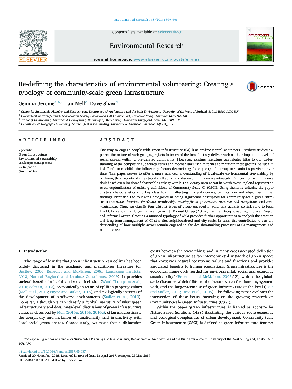 Re-defining the characteristics of environmental volunteering: Creating a typology of community-scale green infrastructure