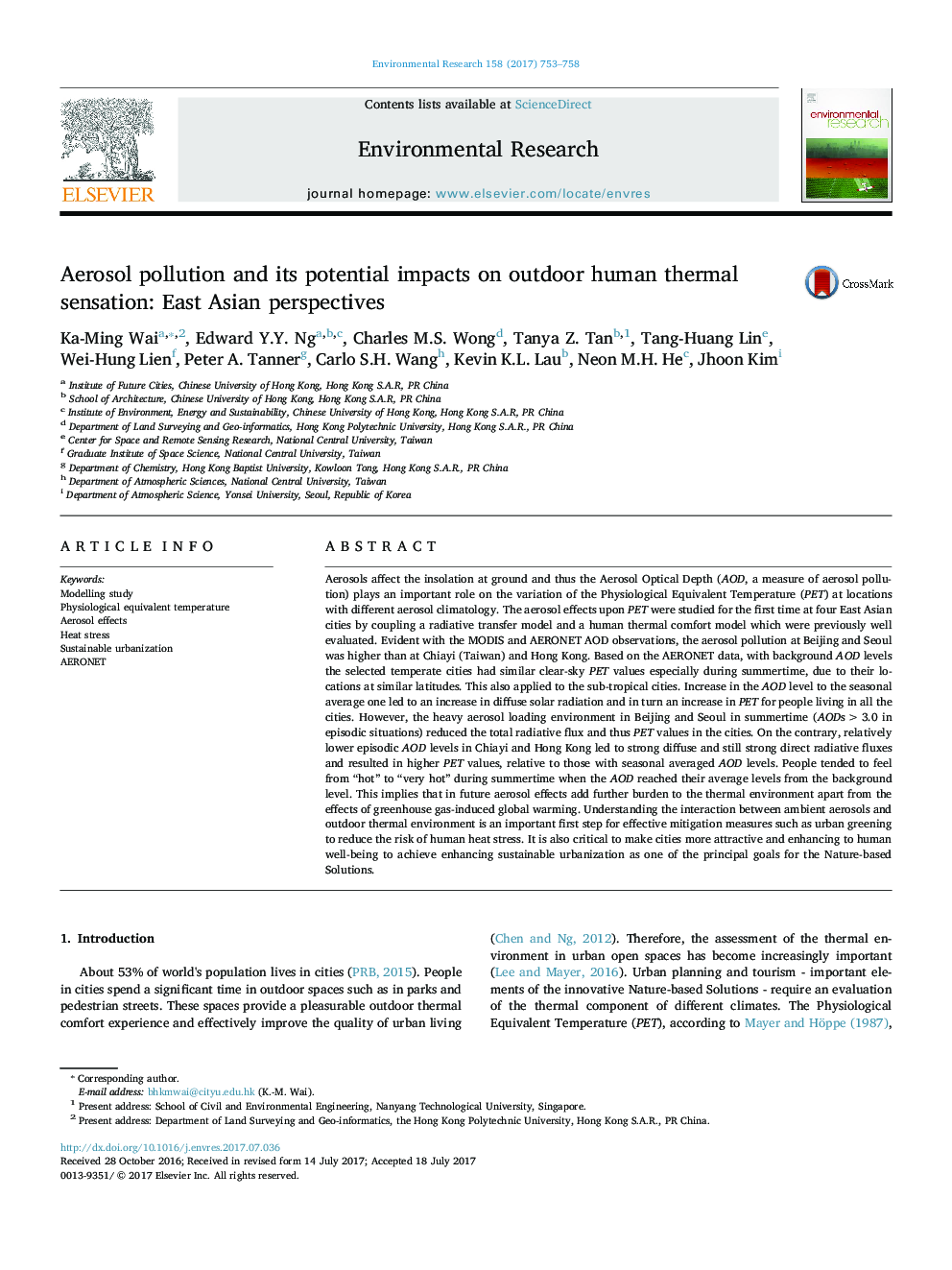 Aerosol pollution and its potential impacts on outdoor human thermal sensation: East Asian perspectives