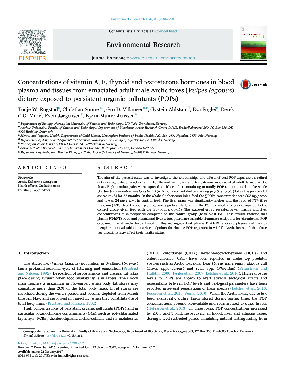 Concentrations of vitamin A, E, thyroid and testosterone hormones in blood plasma and tissues from emaciated adult male Arctic foxes (Vulpes lagopus) dietary exposed to persistent organic pollutants (POPs)