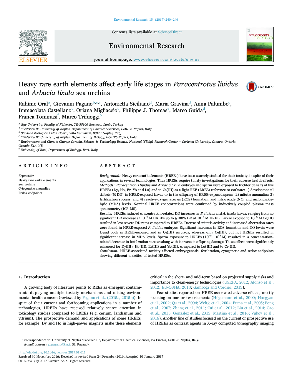 Heavy rare earth elements affect early life stages in Paracentrotus lividus and Arbacia lixula sea urchins