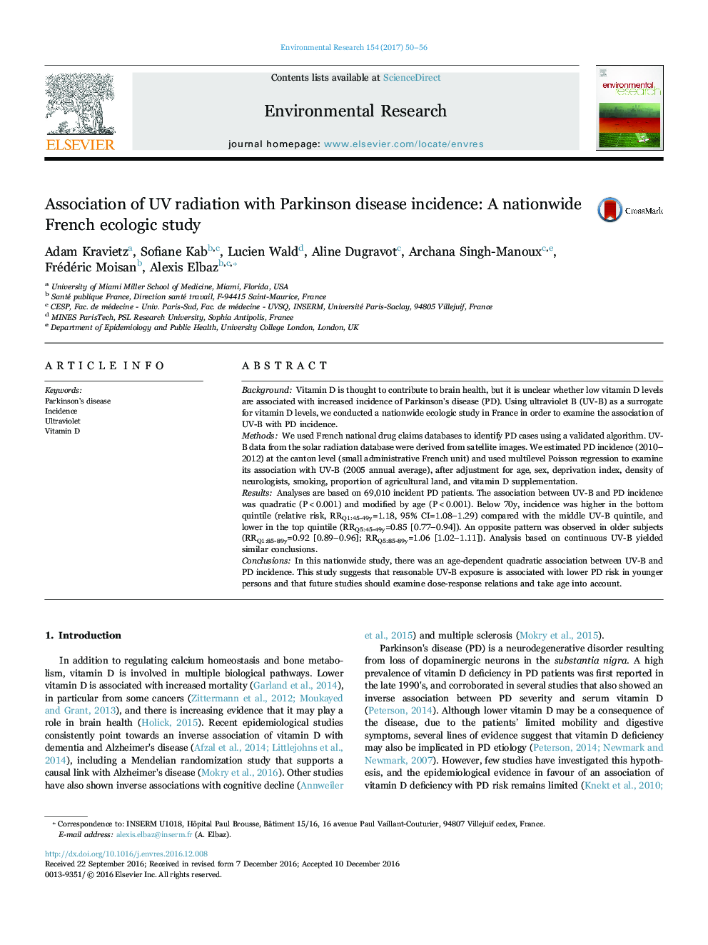 Association of UV radiation with Parkinson disease incidence: A nationwide French ecologic study