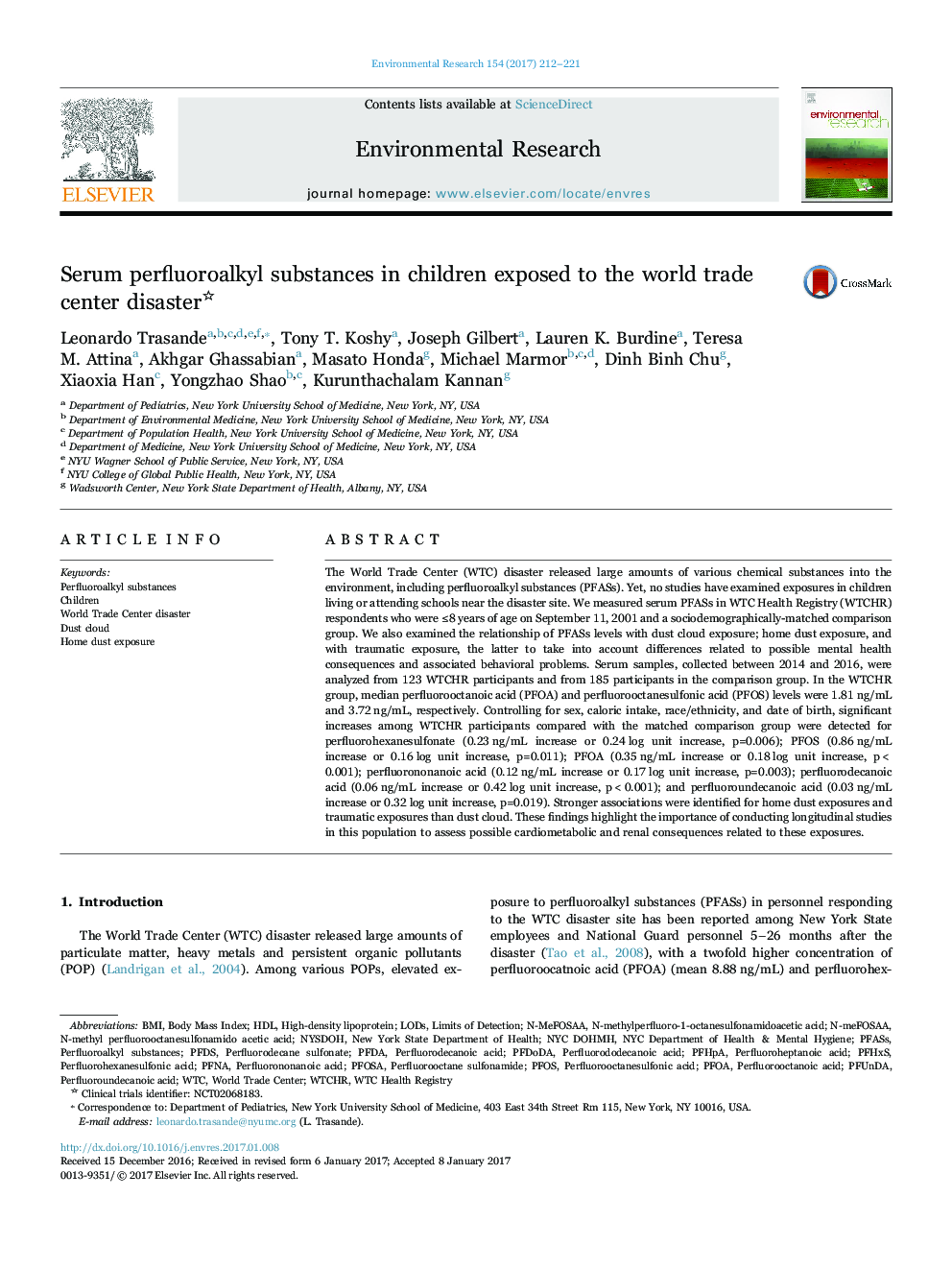 Serum perfluoroalkyl substances in children exposed to the world trade center disaster