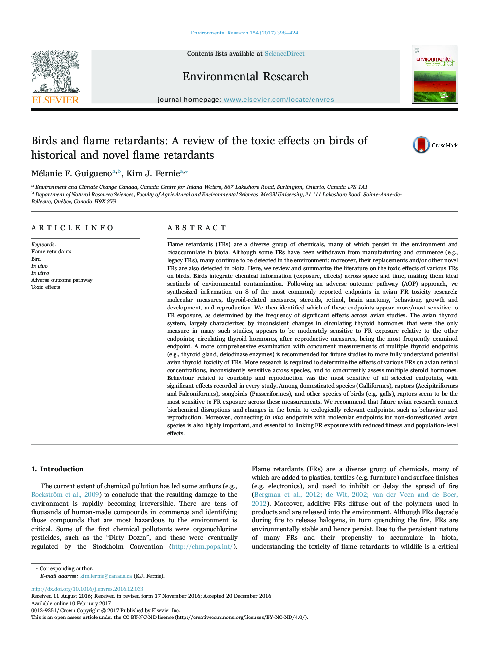 Birds and flame retardants: A review of the toxic effects on birds of historical and novel flame retardants