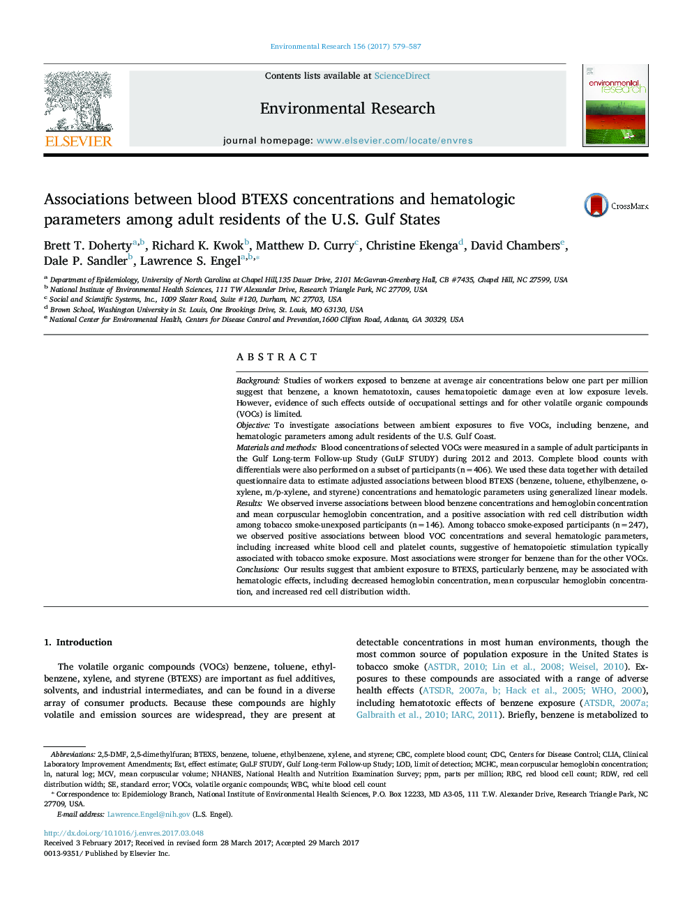 Associations between blood BTEXS concentrations and hematologic parameters among adult residents of the U.S. Gulf States