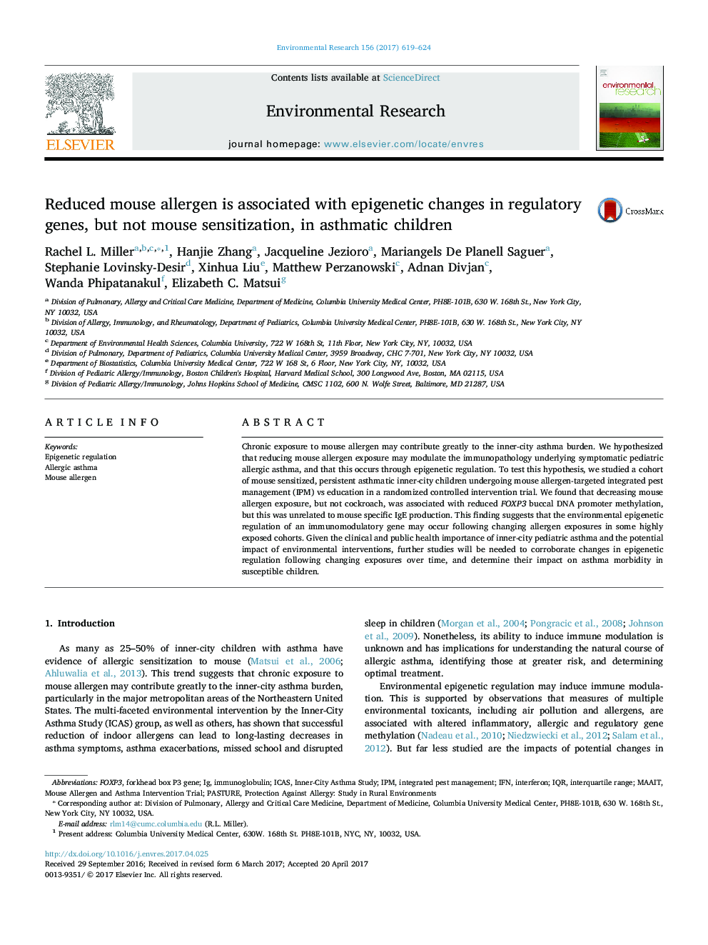 Reduced mouse allergen is associated with epigenetic changes in regulatory genes, but not mouse sensitization, in asthmatic children