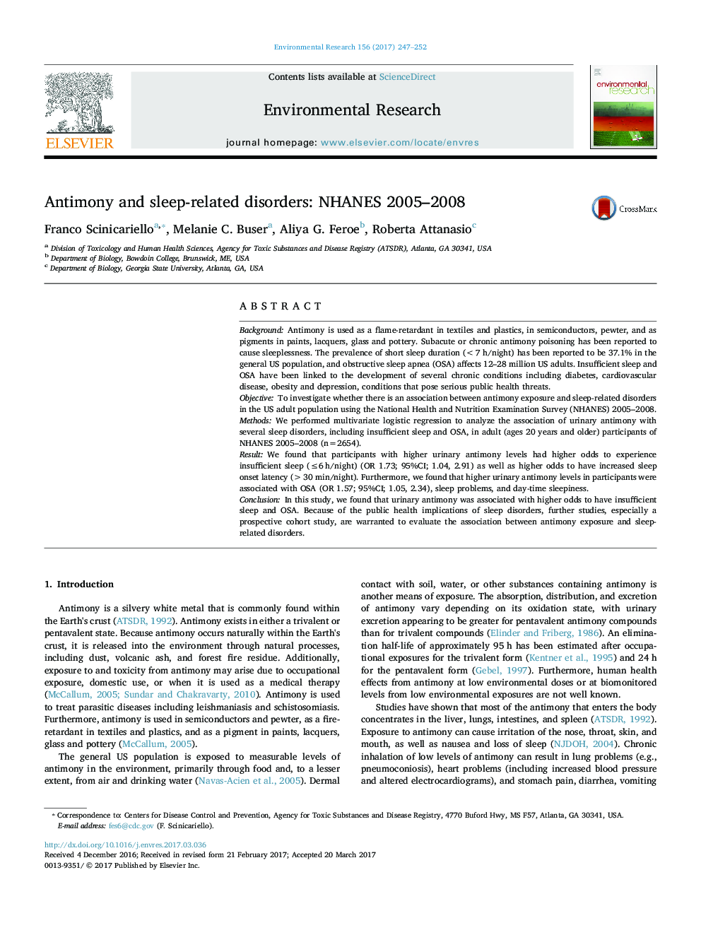 Antimony and sleep-related disorders: NHANES 2005-2008