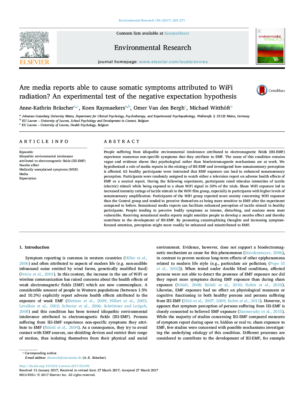 عکس صفحه اول مقاله: Are media reports able to cause somatic symptoms attributed to WiFi radiation? An experimental test of the negative expectation hypothesis Are media reports able to cause somatic symptoms attributed to WiFi radiation? An experimental test of the negative expectation hypothesis
