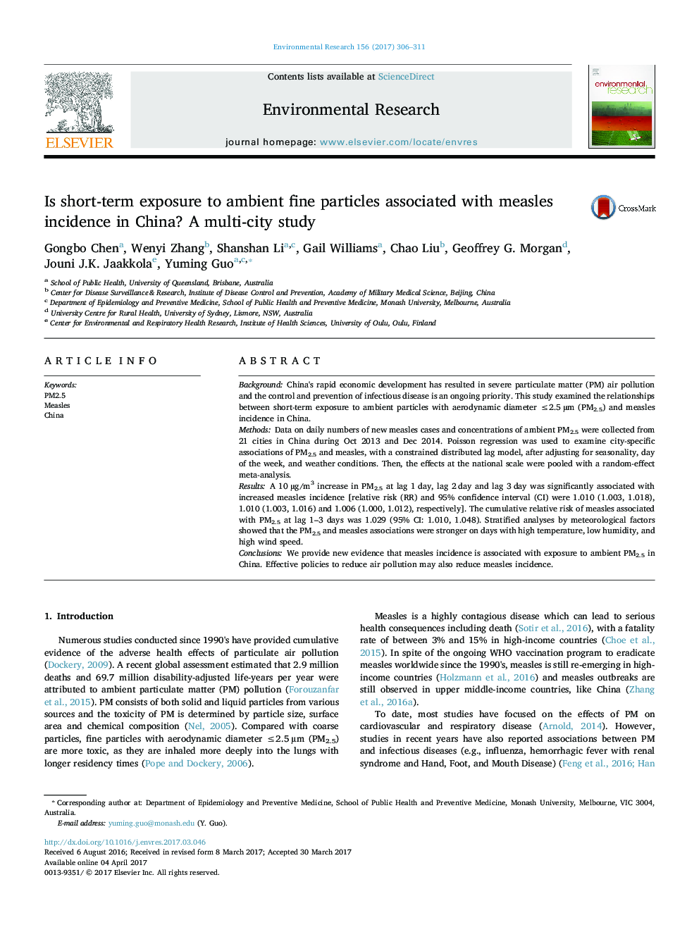 Is short-term exposure to ambient fine particles associated with measles incidence in China? A multi-city study