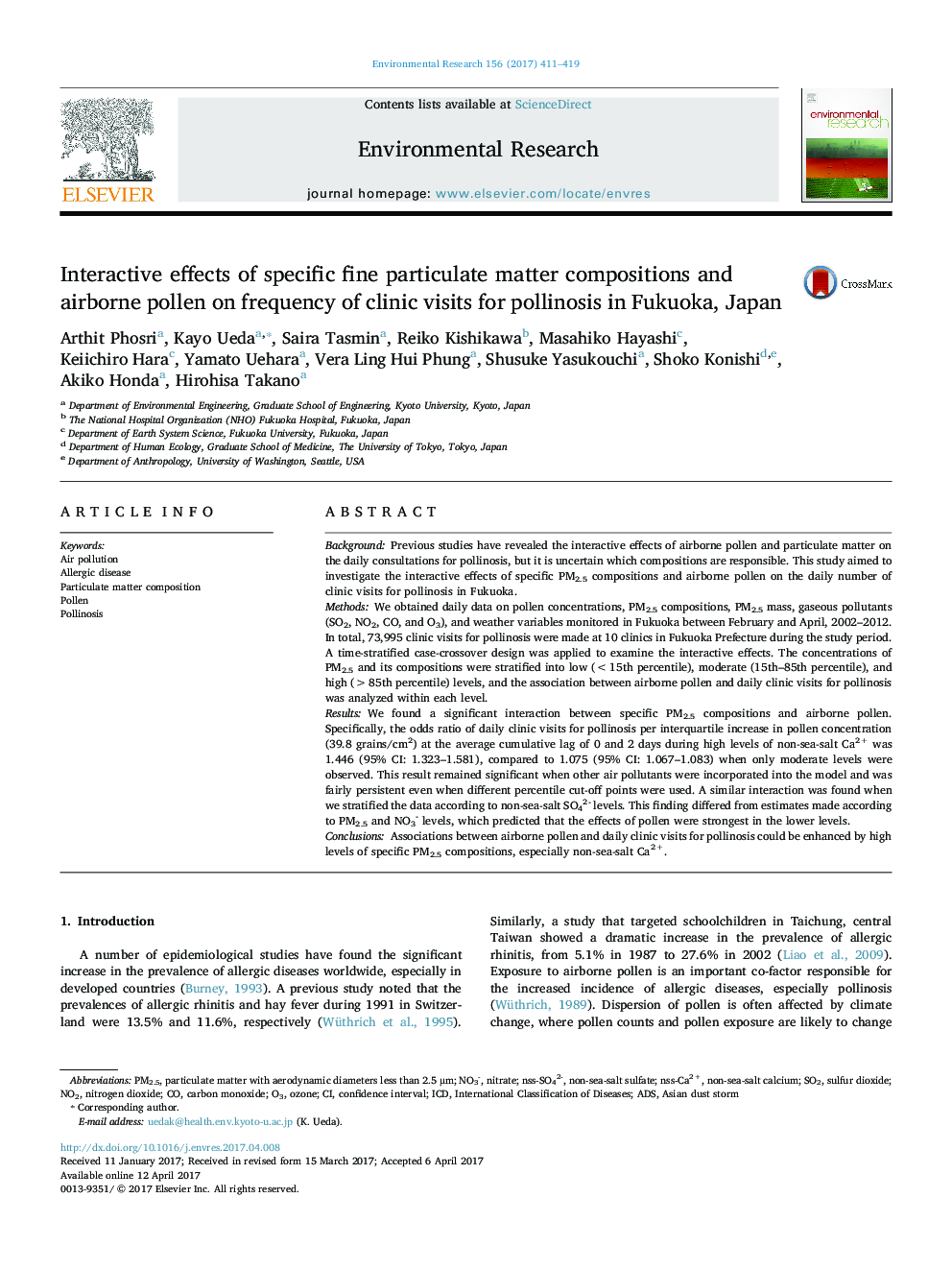 Interactive effects of specific fine particulate matter compositions and airborne pollen on frequency of clinic visits for pollinosis in Fukuoka, Japan