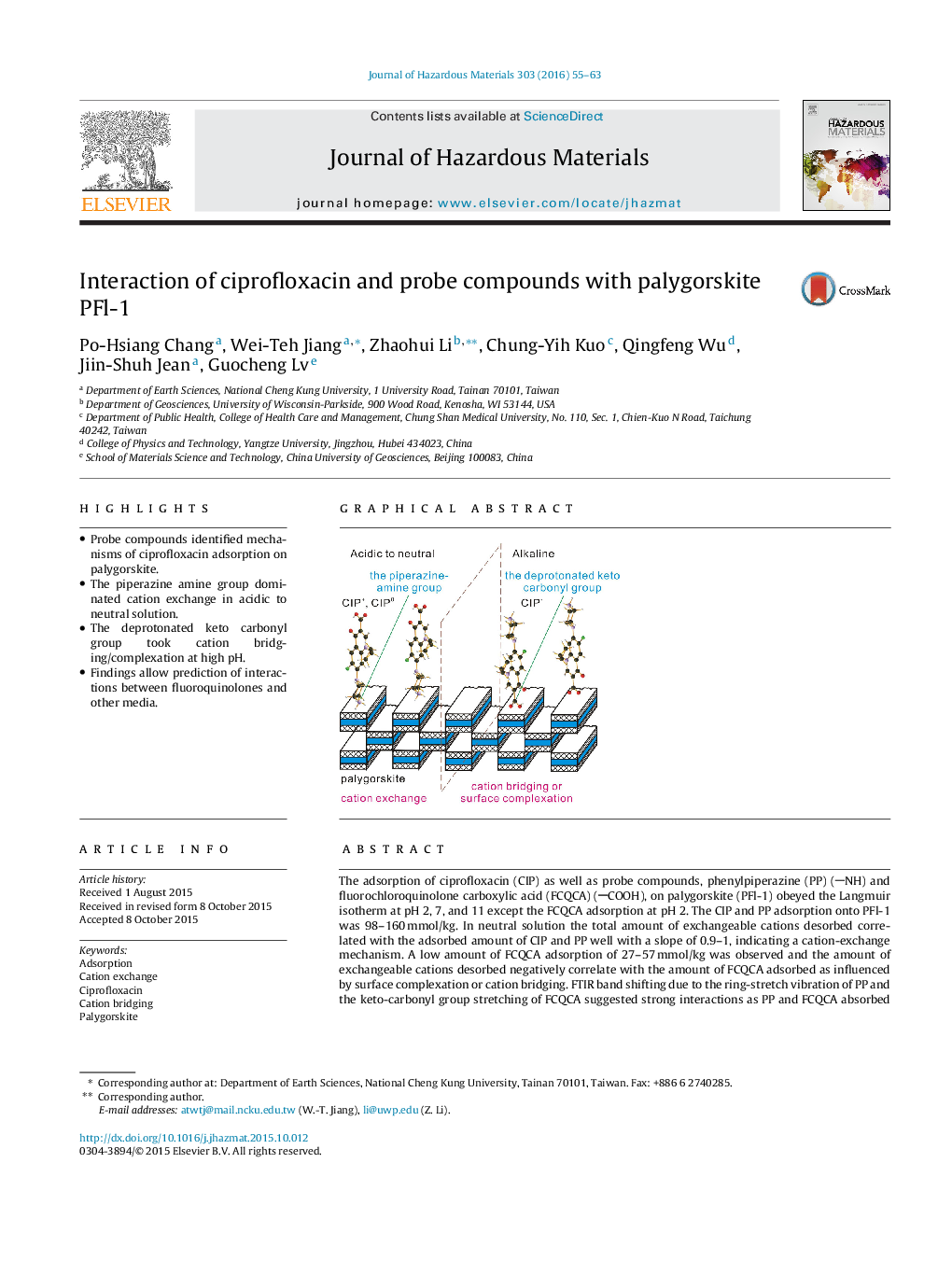 Interaction of ciprofloxacin and probe compounds with palygorskite PFl-1