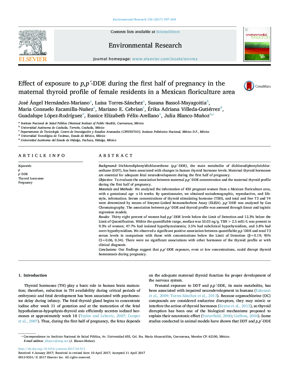 Effect of exposure to p,pÂ´-DDE during the first half of pregnancy in the maternal thyroid profile of female residents in a Mexican floriculture area