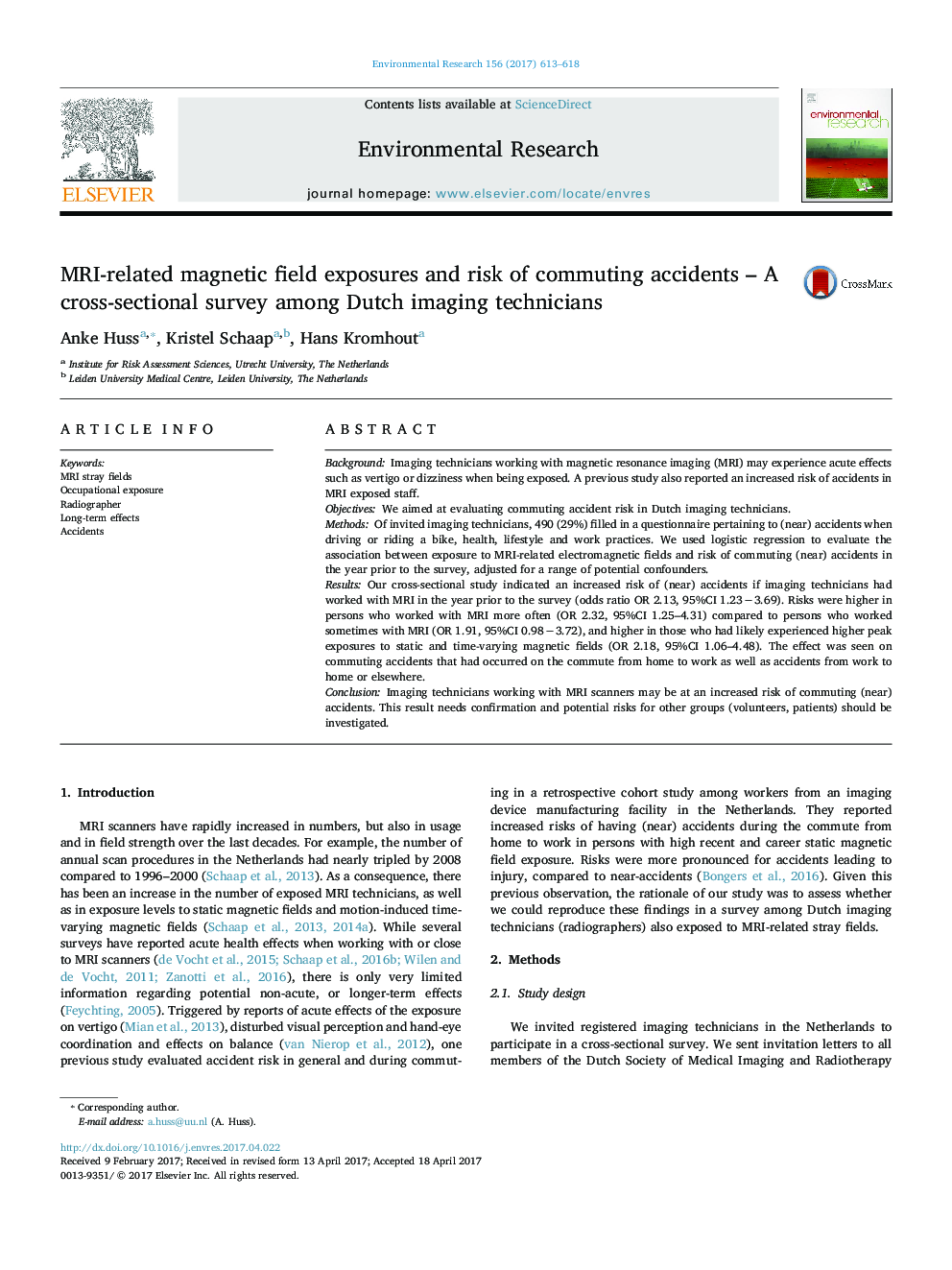 MRI-related magnetic field exposures and risk of commuting accidents - A cross-sectional survey among Dutch imaging technicians