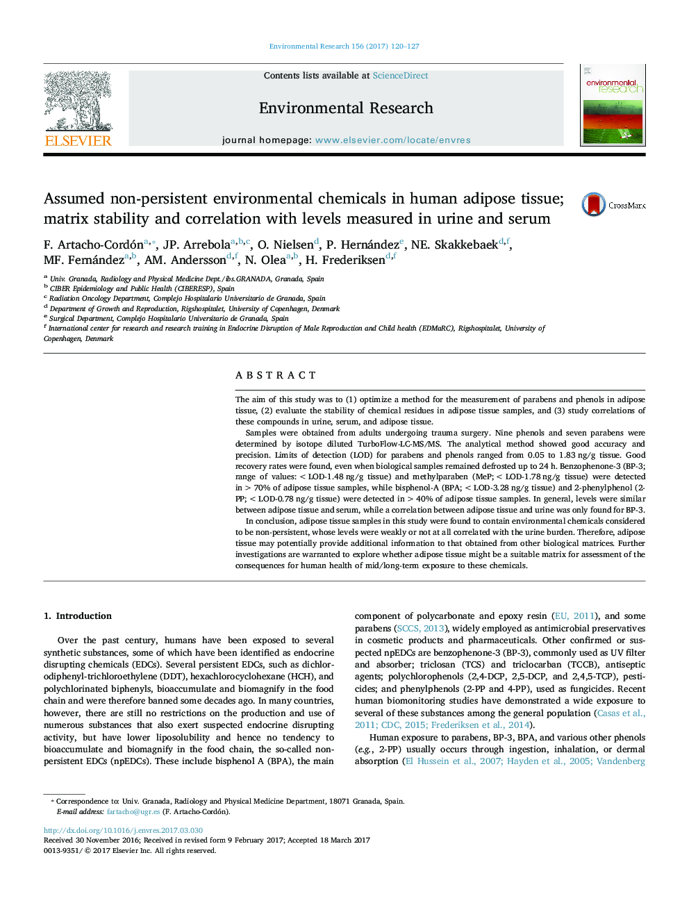 Assumed non-persistent environmental chemicals in human adipose tissue; matrix stability and correlation with levels measured in urine and serum