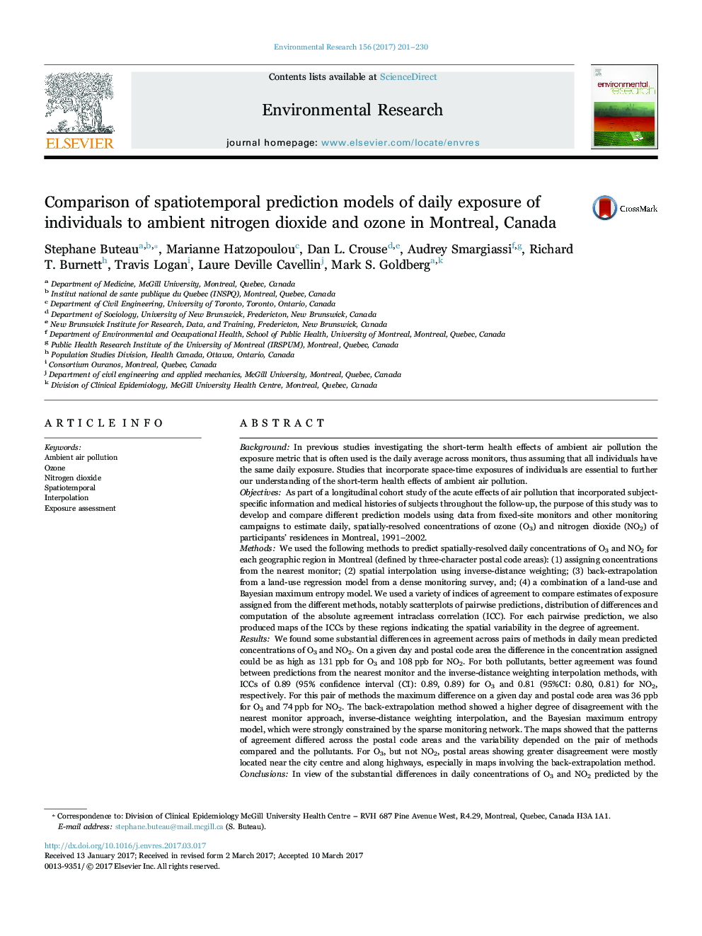 Comparison of spatiotemporal prediction models of daily exposure of individuals to ambient nitrogen dioxide and ozone in Montreal, Canada