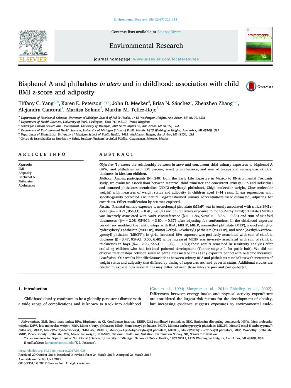 Bisphenol A and phthalates in utero and in childhood: association with child BMI z-score and adiposity