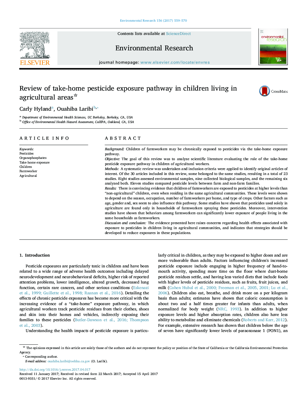 Review of take-home pesticide exposure pathway in children living in agricultural areas