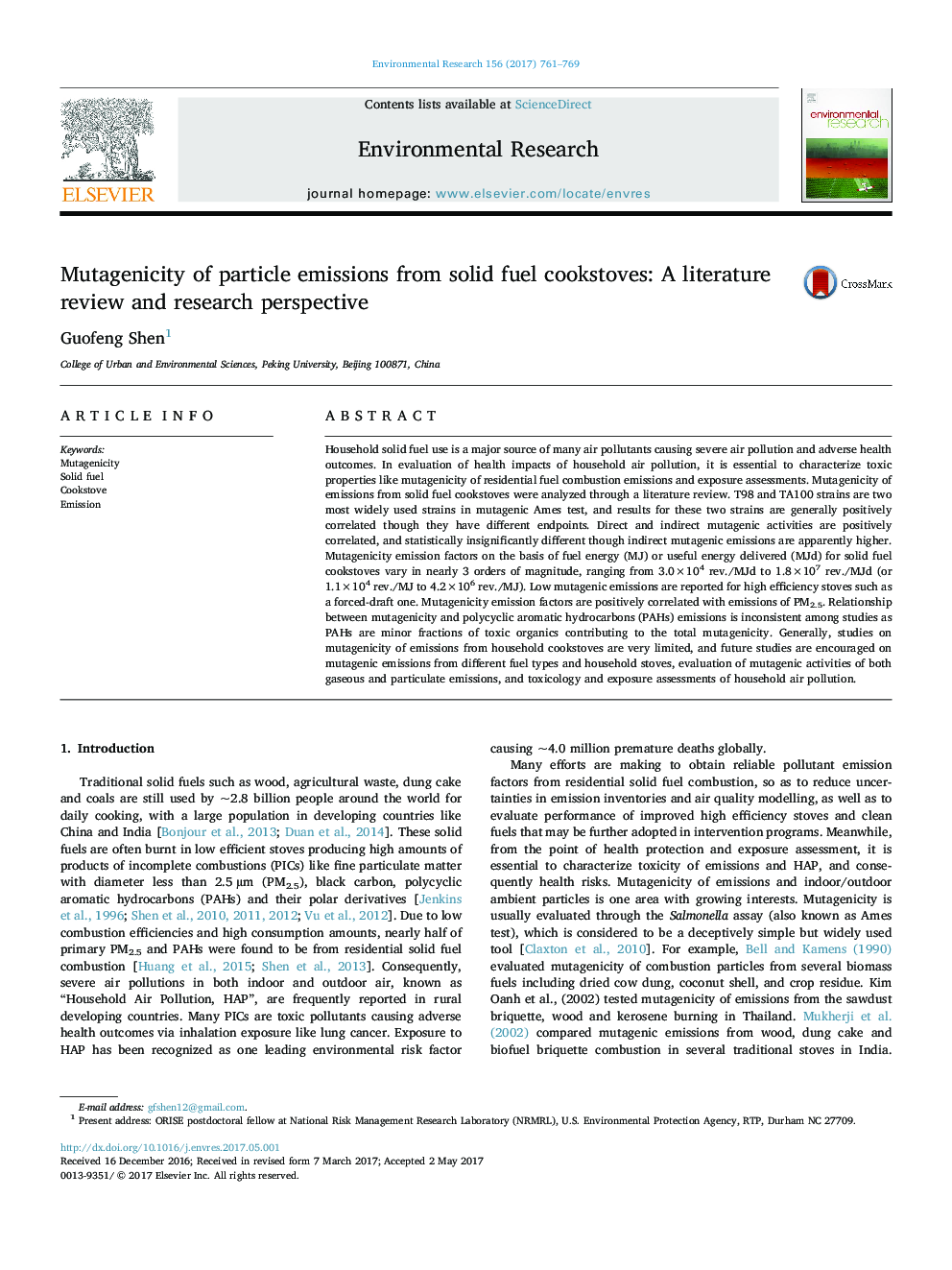 Mutagenicity of particle emissions from solid fuel cookstoves: A literature review and research perspective