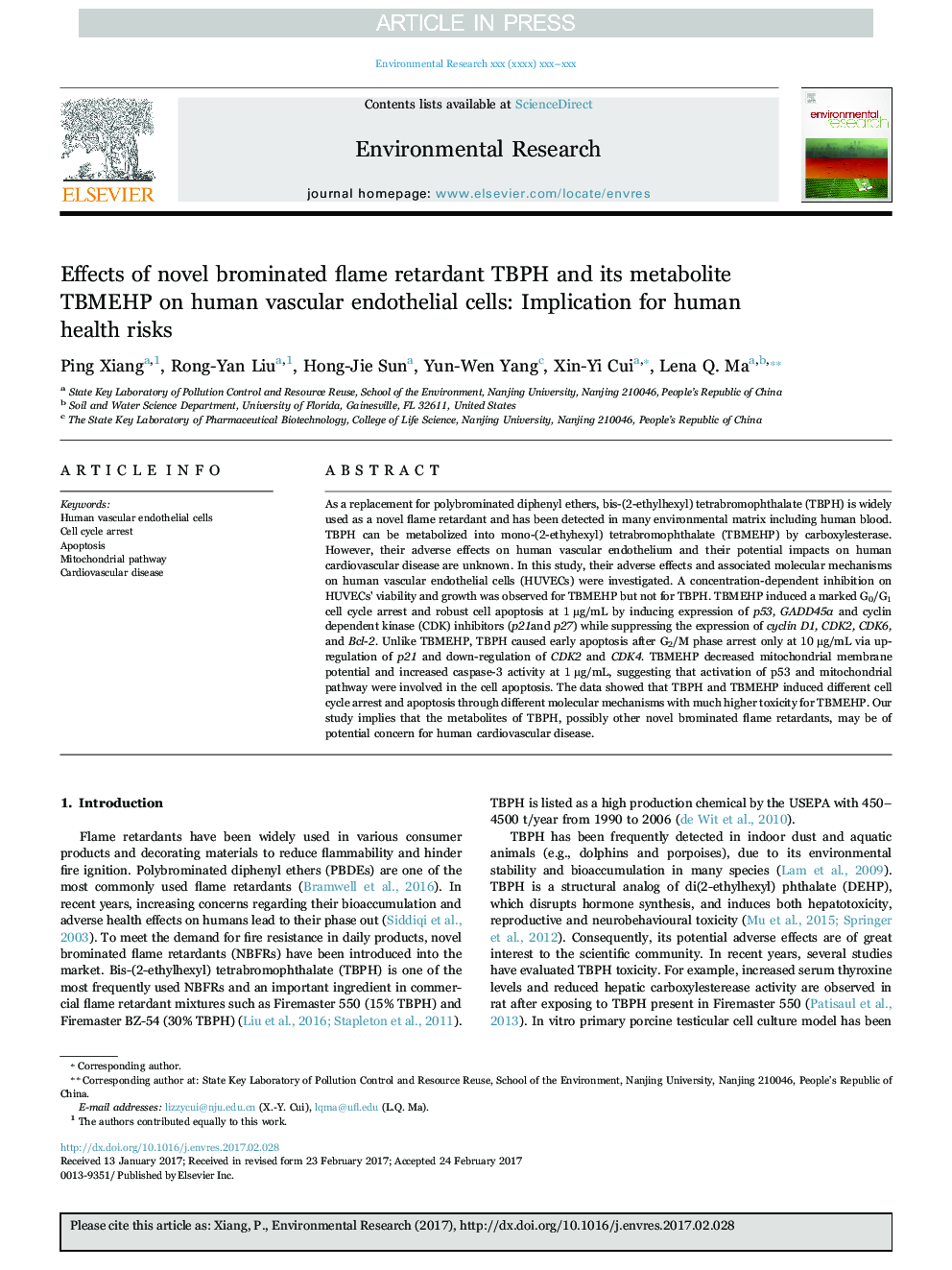 Effects of novel brominated flame retardant TBPH and its metabolite TBMEHP on human vascular endothelial cells: Implication for human health risks