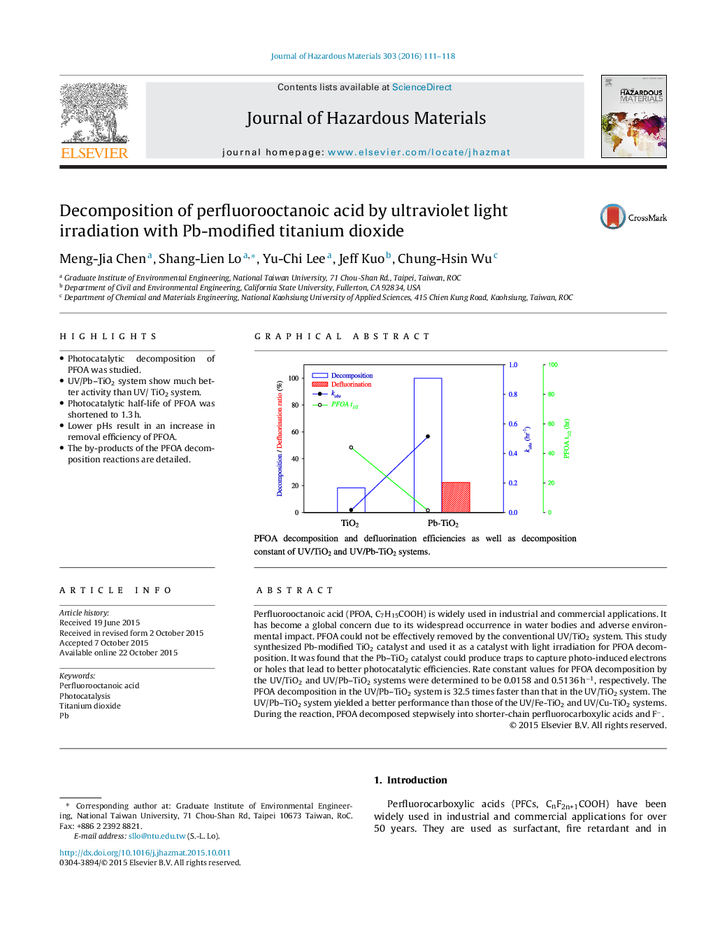 Decomposition of perfluorooctanoic acid by ultraviolet light irradiation with Pb-modified titanium dioxide