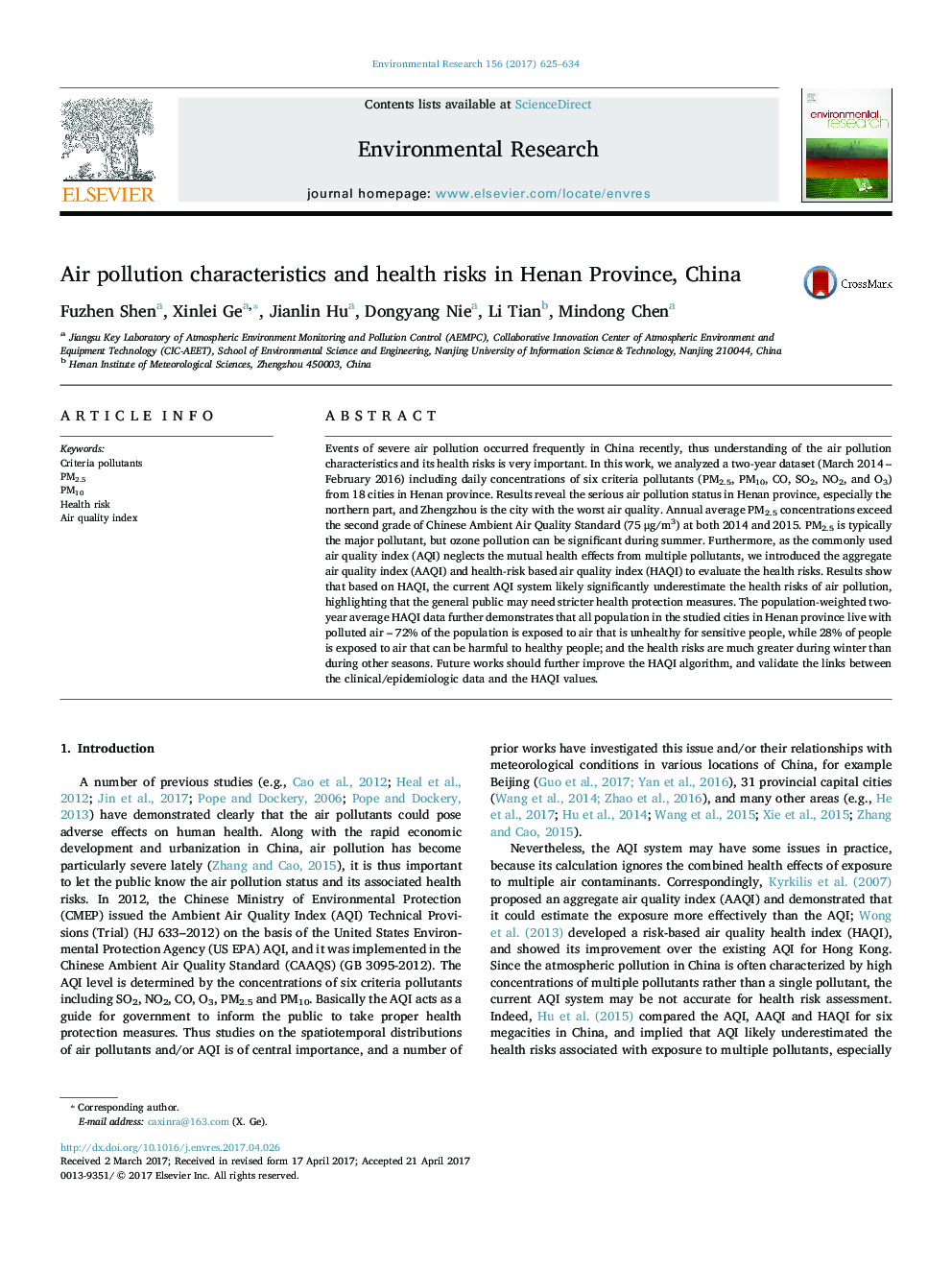 Air pollution characteristics and health risks in Henan Province, China