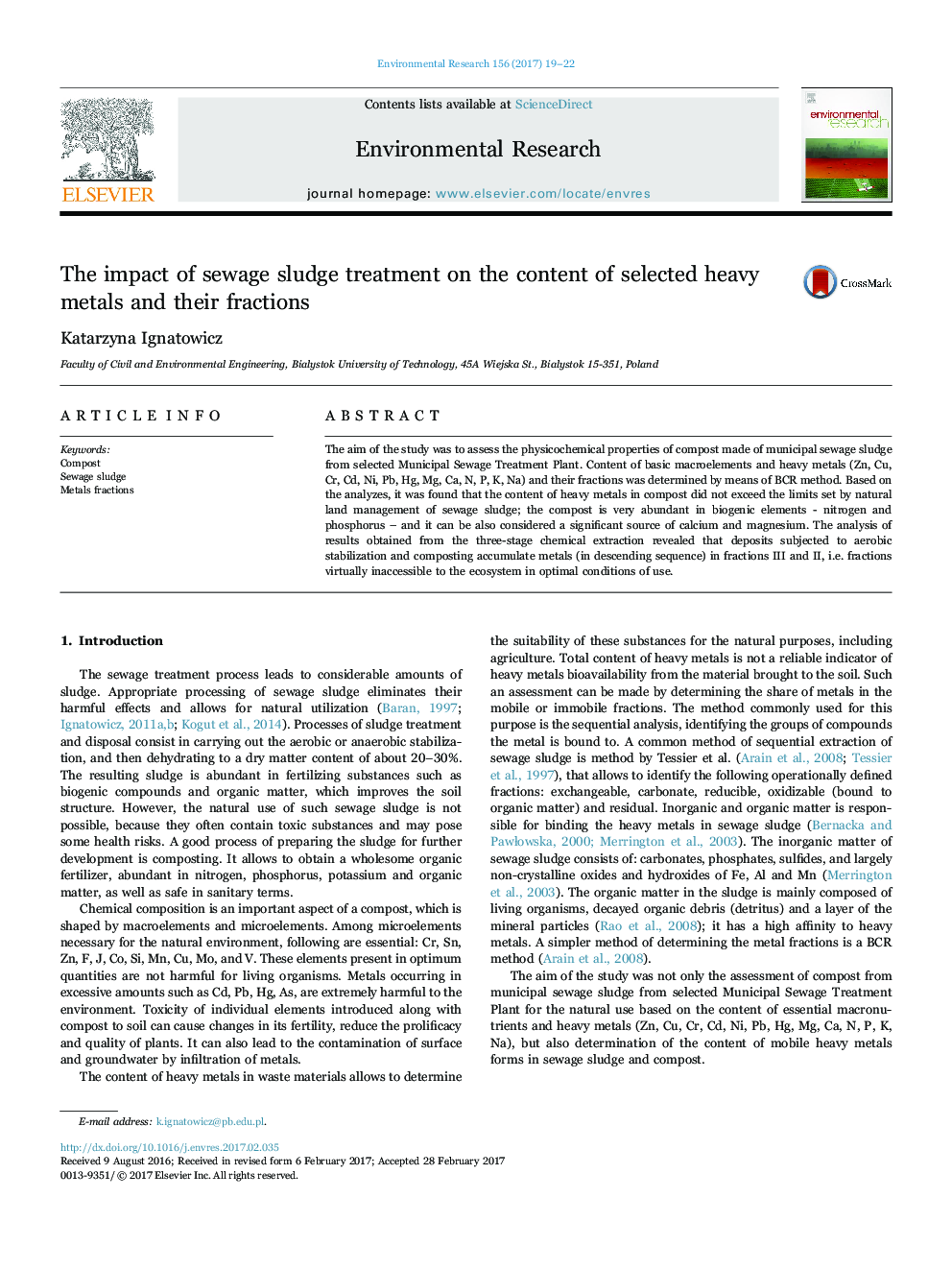 The impact of sewage sludge treatment on the content of selected heavy metals and their fractions