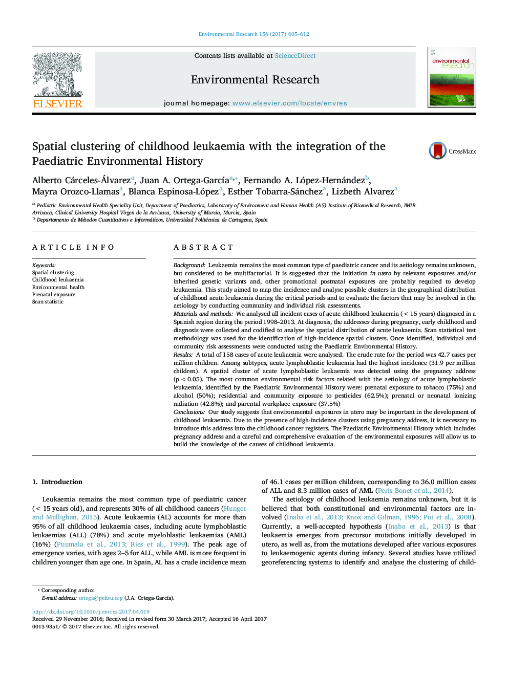 Spatial clustering of childhood leukaemia with the integration of the Paediatric Environmental History