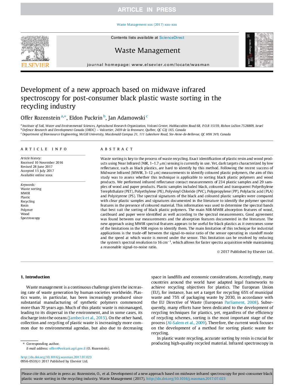 Development of a new approach based on midwave infrared spectroscopy for post-consumer black plastic waste sorting in the recycling industry