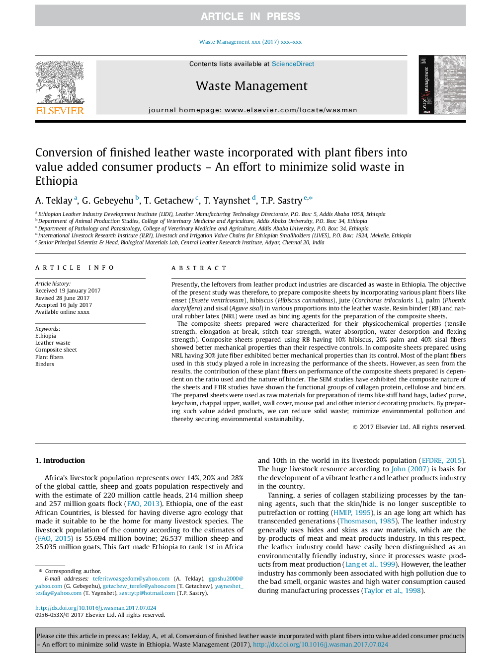 Conversion of finished leather waste incorporated with plant fibers into value added consumer products - An effort to minimize solid waste in Ethiopia