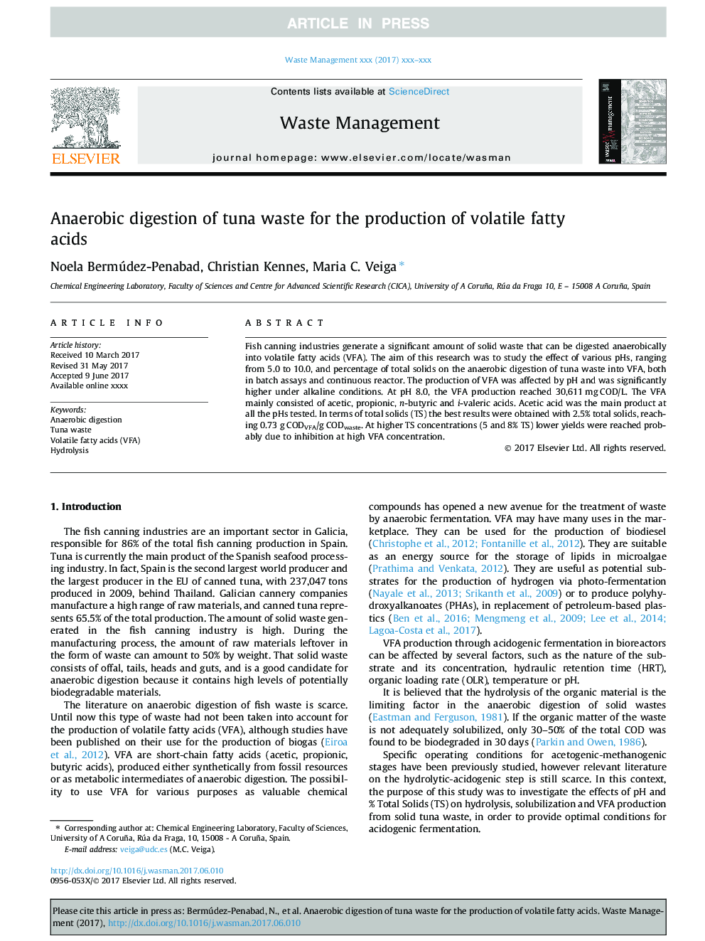 Anaerobic digestion of tuna waste for the production of volatile fatty acids