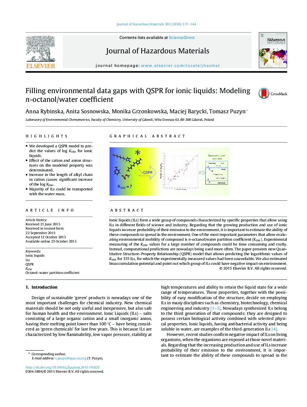 Filling environmental data gaps with QSPR for ionic liquids: Modeling n-octanol/water coefficient