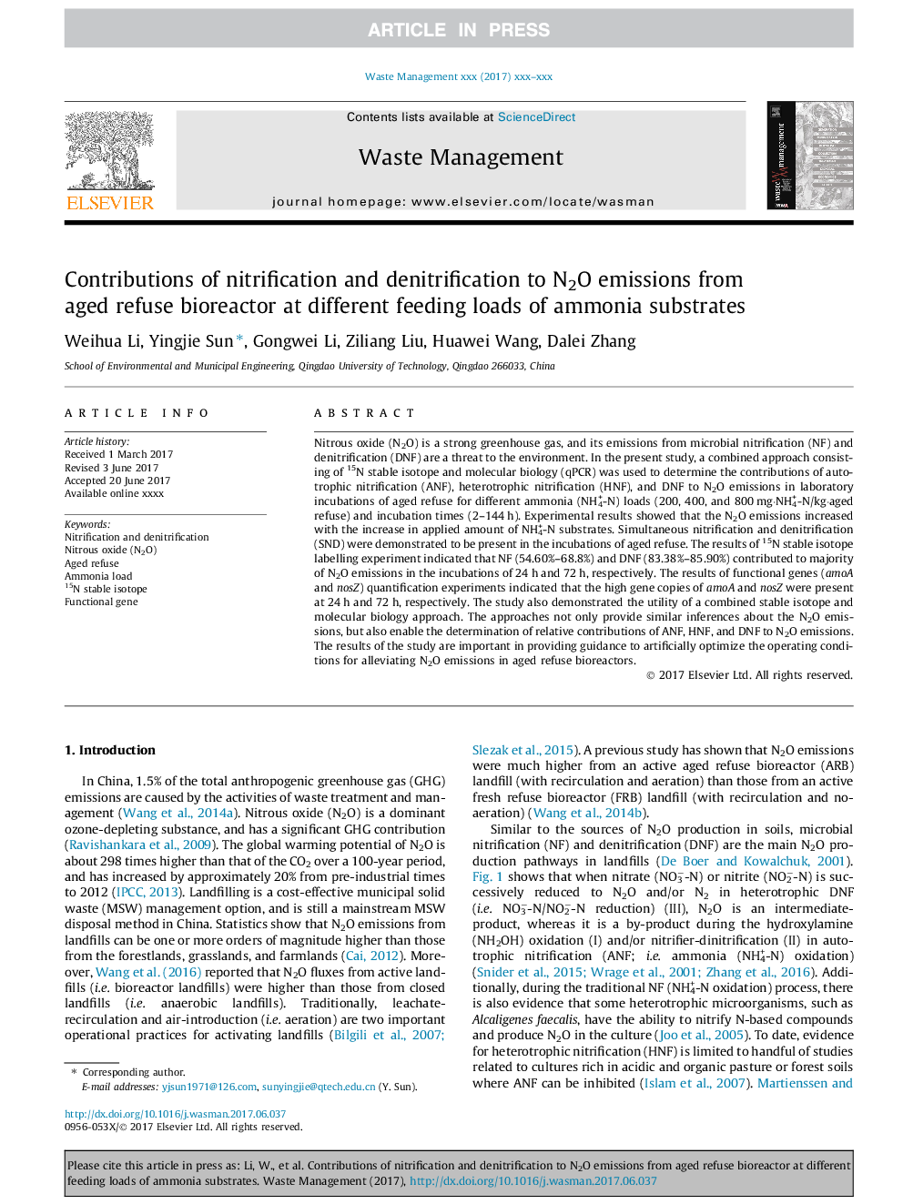 Contributions of nitrification and denitrification to N2O emissions from aged refuse bioreactor at different feeding loads of ammonia substrates