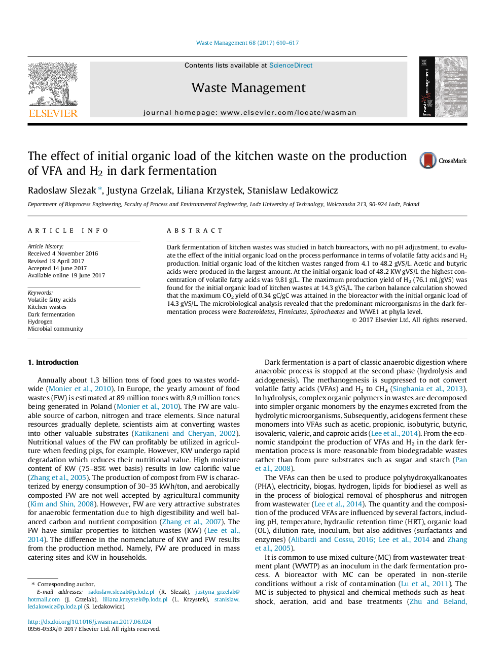 The effect of initial organic load of the kitchen waste on the production of VFA and H2 in dark fermentation