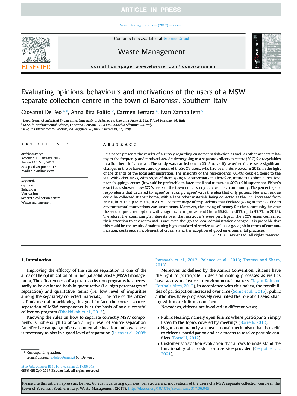 Evaluating opinions, behaviours and motivations of the users of a MSW separate collection centre in the town of Baronissi, Southern Italy