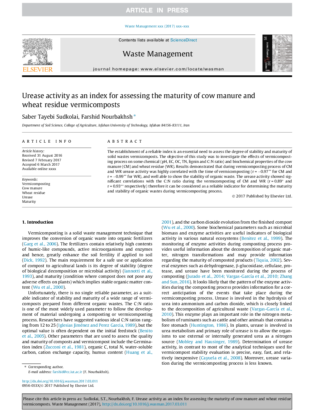 Urease activity as an index for assessing the maturity of cow manure and wheat residue vermicomposts