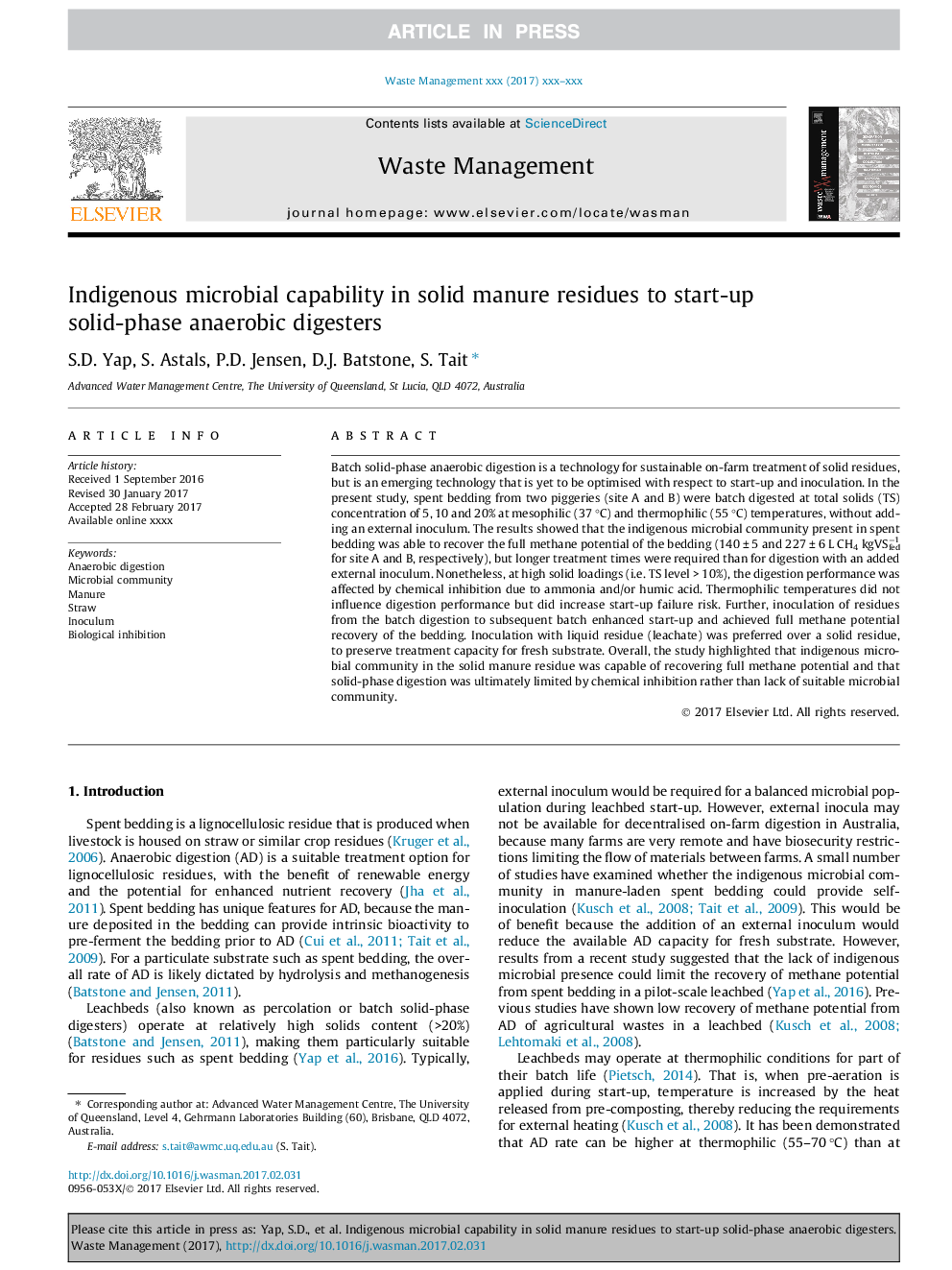 Indigenous microbial capability in solid manure residues to start-up solid-phase anaerobic digesters